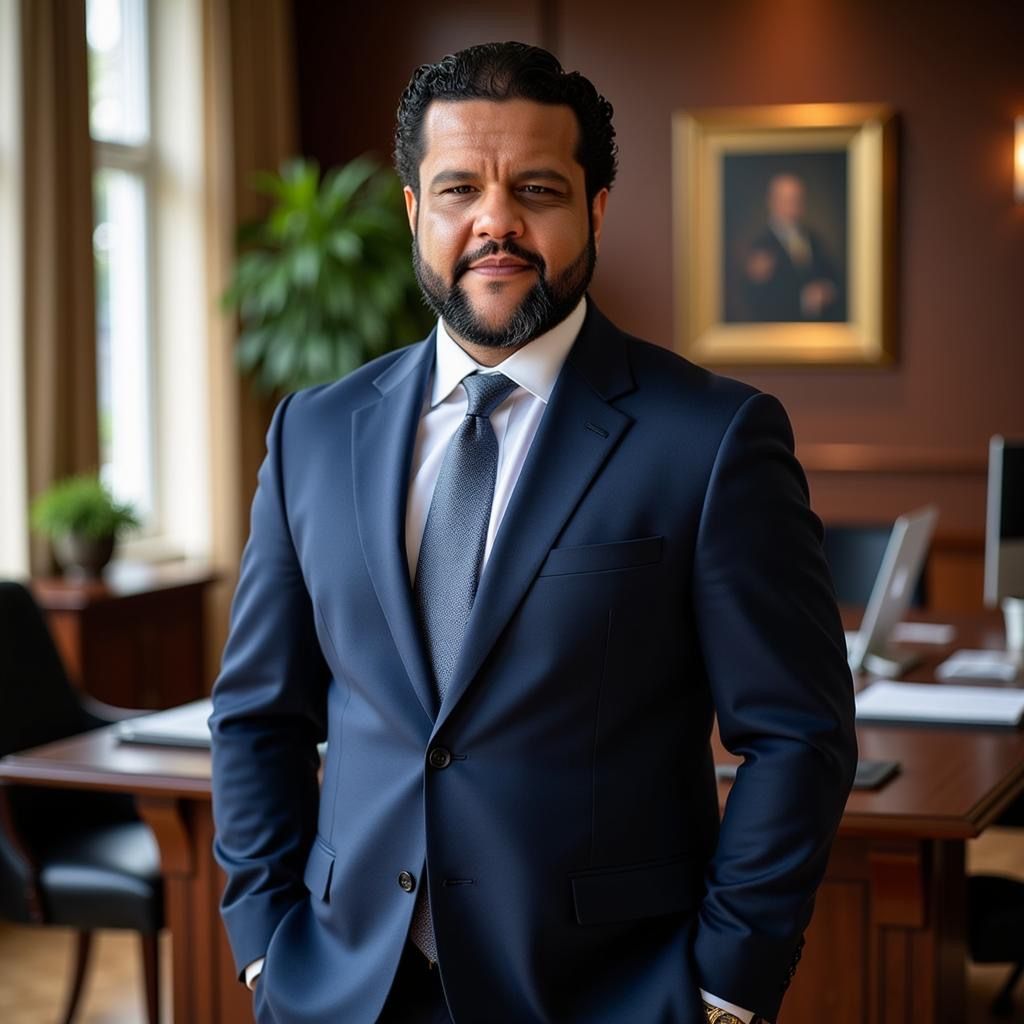 Brandon in a navy suit in an office